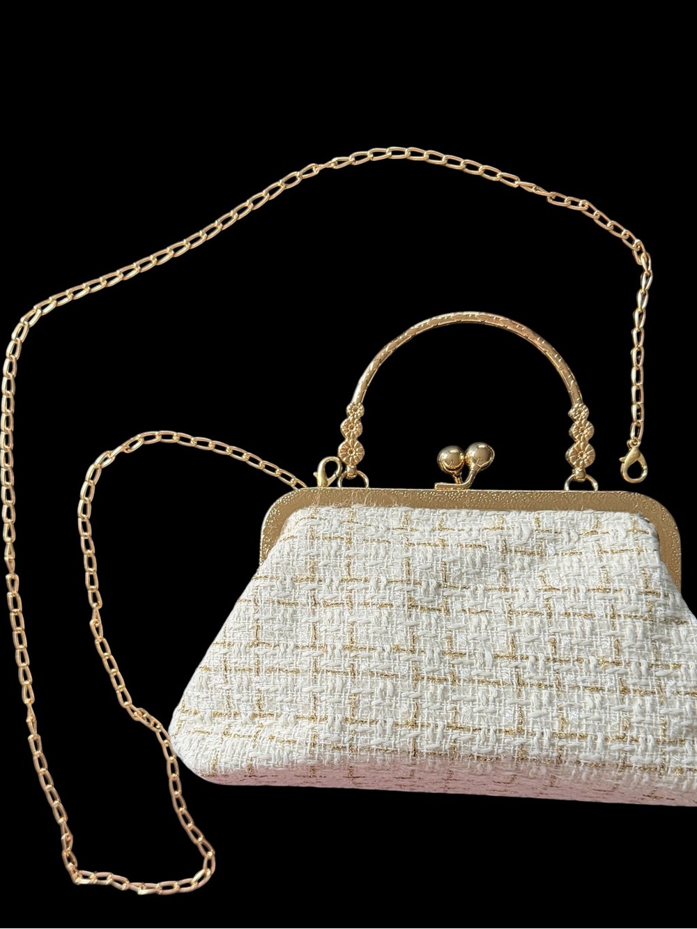 MWT-Boutique-Elegant Cream Tweed Evening Clutch with Gold Hardware